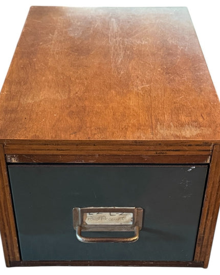 Antique Solid OAK Wooden File Storage Box metal Drawer handmade Card Caralog