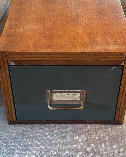 Antique Solid OAK Wooden File Storage Box metal Drawer handmade Card Caralog