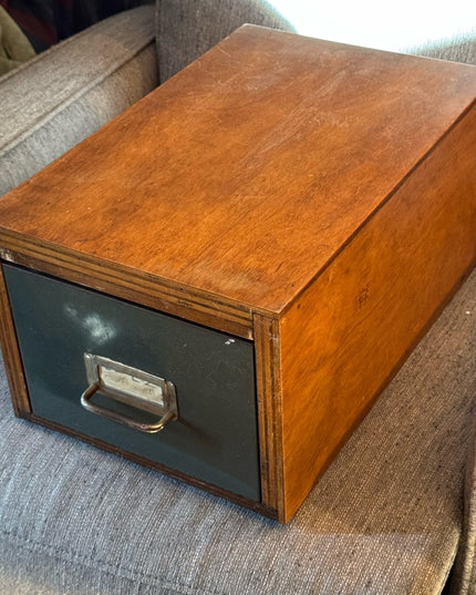 Antique Solid OAK Wooden File Storage Box metal Drawer handmade Card Caralog