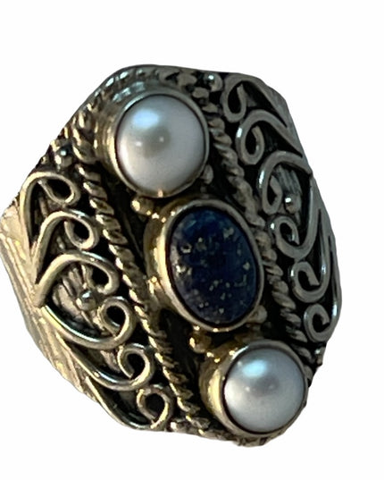 Sterling silver pearl lapis fancy ornate ring
