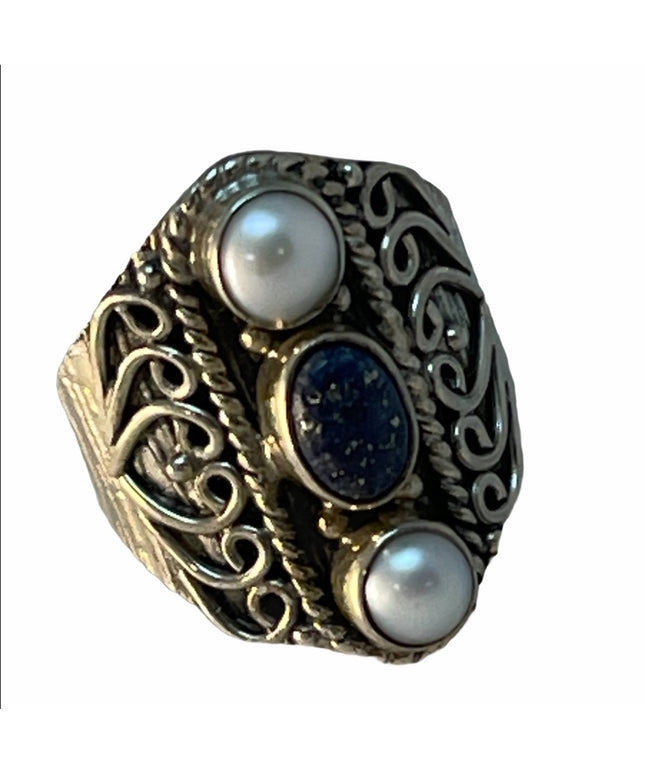 Sterling silver pearl lapis fancy ornate ring