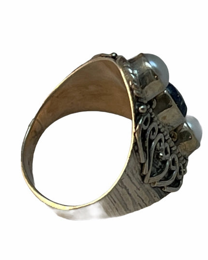 Sterling silver pearl lapis fancy ornate ring