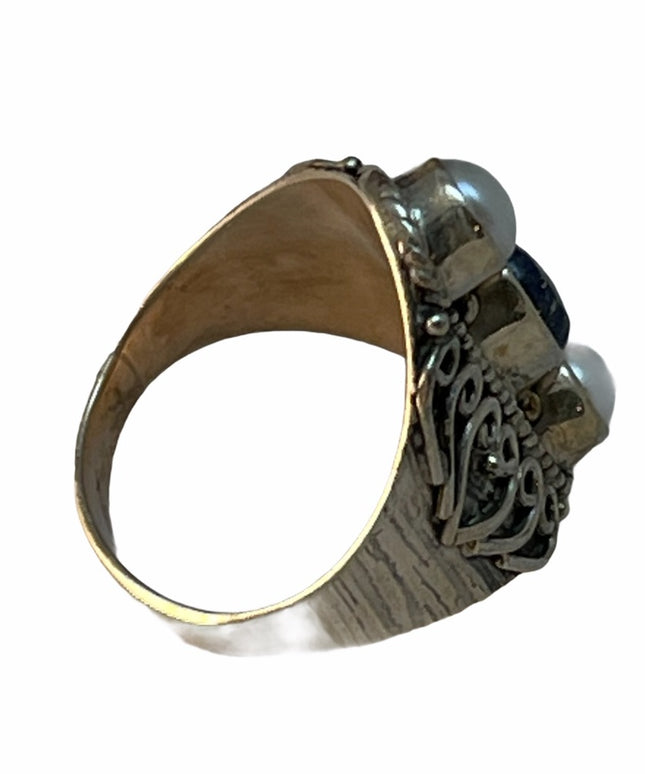 Sterling silver pearl lapis fancy ornate ring