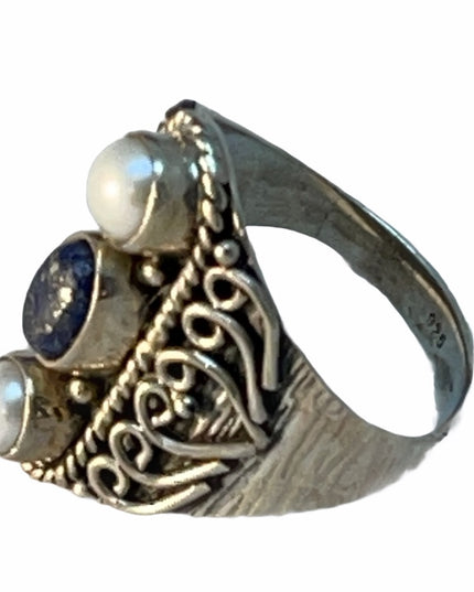 Sterling silver pearl lapis fancy ornate ring