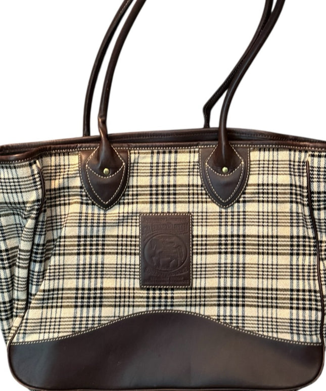 5/A Baker Blanket Co Plaid Tote Bag with Brown Accents Leather Canvas