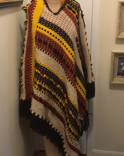 Vintage MEXICAN Super OSFA Hippie BOHO poncho hoodie 1970S Handmade