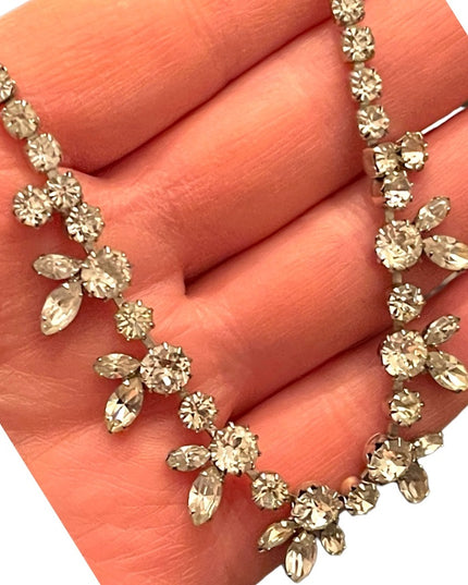 Vintage SHERMAN 1950s Silver rhinestone fancy crystal necklace CLEAR CRYSTAL