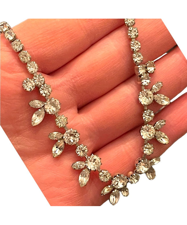Vintage SHERMAN 1950s Silver rhinestone fancy crystal necklace CLEAR CRYSTAL