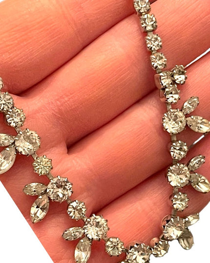 Vintage SHERMAN 1950s Silver rhinestone fancy crystal necklace CLEAR CRYSTAL
