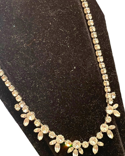 Vintage SHERMAN 1950s Silver rhinestone fancy crystal necklace CLEAR CRYSTAL