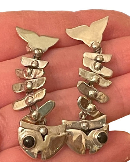 Vintage sterling silver 925 Heavy fish skeleton dangle earrings