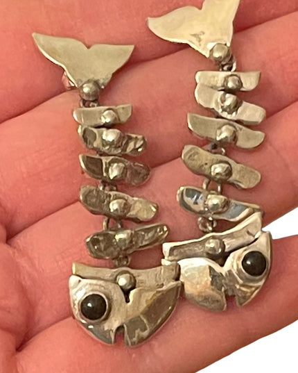 Vintage sterling silver 925 Heavy fish skeleton dangle earrings