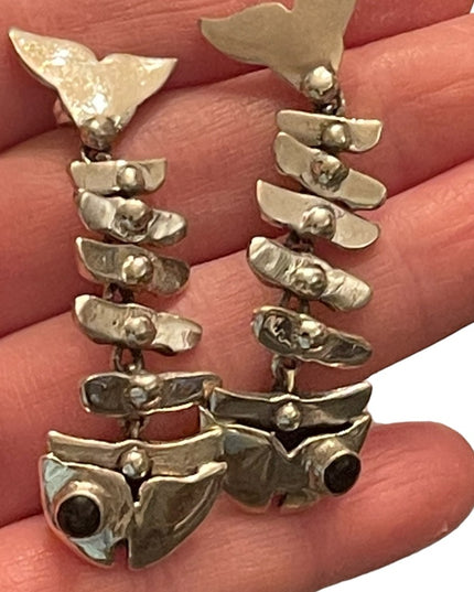 Vintage sterling silver 925 Heavy fish skeleton dangle earrings