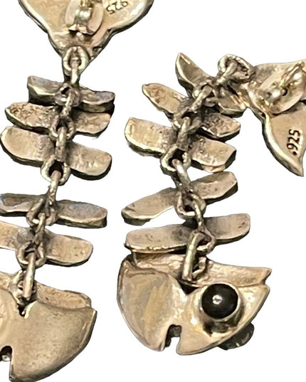Vintage sterling silver 925 Heavy fish skeleton dangle earrings