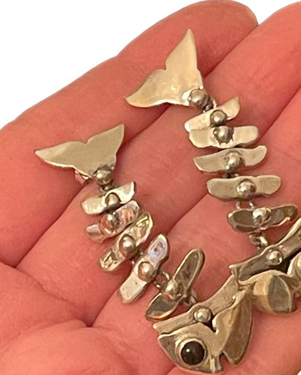 Vintage sterling silver 925 Heavy fish skeleton dangle earrings