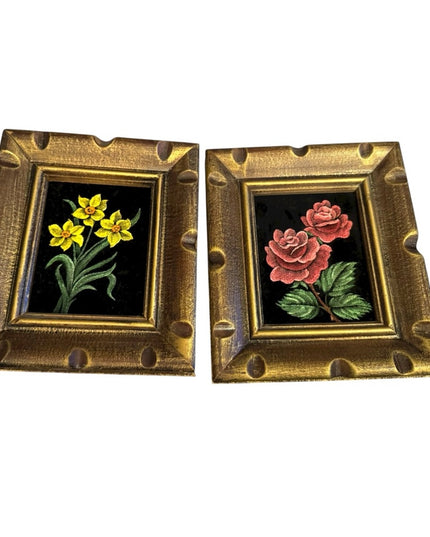 Gold Vintagr Framed Floral Art Set Small pictures Velvet painted flowers