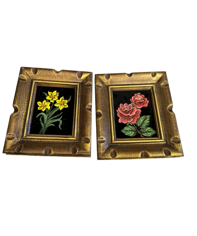 Gold Vintagr Framed Floral Art Set Small pictures Velvet painted flowers