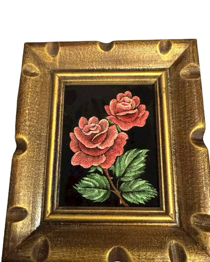 Gold Vintagr Framed Floral Art Set Small pictures Velvet painted flowers