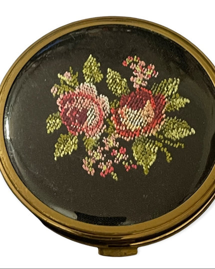 Vintage Margaret Rose flower needlepoint cross stitch compact mirror
