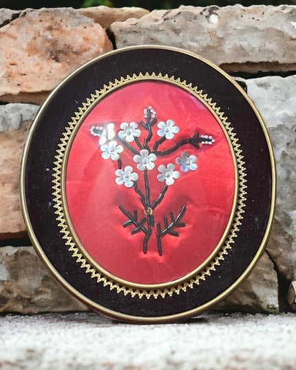 Vintage Mid Century Framed bead flower picture with velvet trim brass