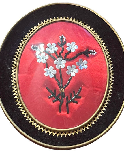 Vintage Mid Century Framed bead flower picture with velvet trim brass