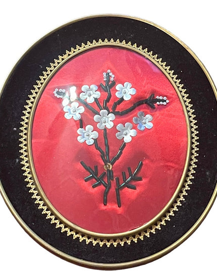Vintage Mid Century Framed bead flower picture with velvet trim brass