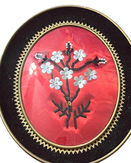 Vintage Mid Century Framed bead flower picture with velvet trim brass