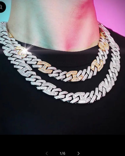 Dazzling Two-Tone Mens Necklace Cuban Link Iced Out
