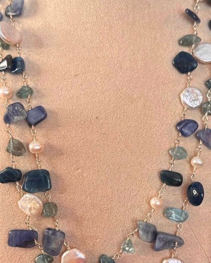 Multi-Strand Sterling Silver 925 Beaded Necklace Pearls & Blue/Green Gemstones