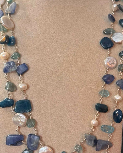 Multi-Strand Sterling Silver 925 Beaded Necklace Pearls & Blue/Green Gemstones
