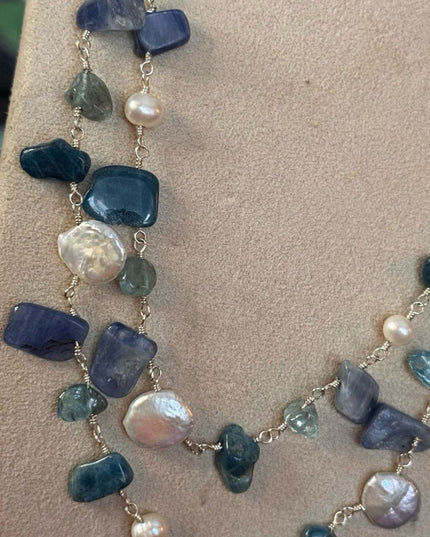 Multi-Strand Sterling Silver 925 Beaded Necklace Pearls & Blue/Green Gemstones