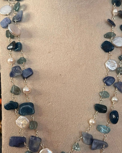 Multi-Strand Sterling Silver 925 Beaded Necklace Pearls & Blue/Green Gemstones