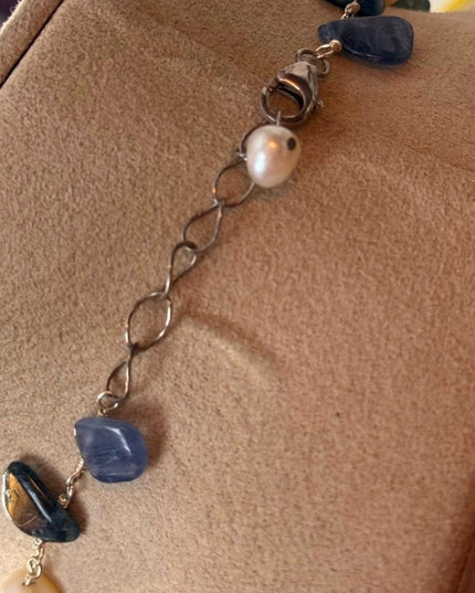 Multi-Strand Sterling Silver 925 Beaded Necklace Pearls & Blue/Green Gemstones