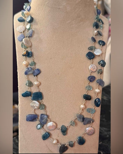 Multi-Strand Sterling Silver 925 Beaded Necklace Pearls & Blue/Green Gemstones