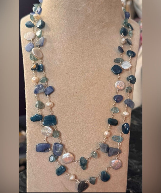 Multi-Strand Sterling Silver 925 Beaded Necklace Pearls & Blue/Green Gemstones