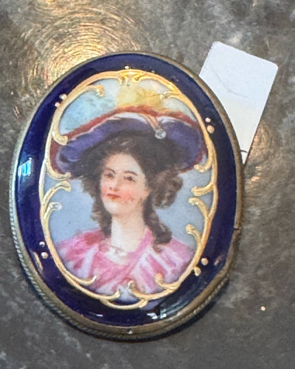 Antique 2" Hand painted Porcelain Female Portrait Cameo Style Brooch, Oval