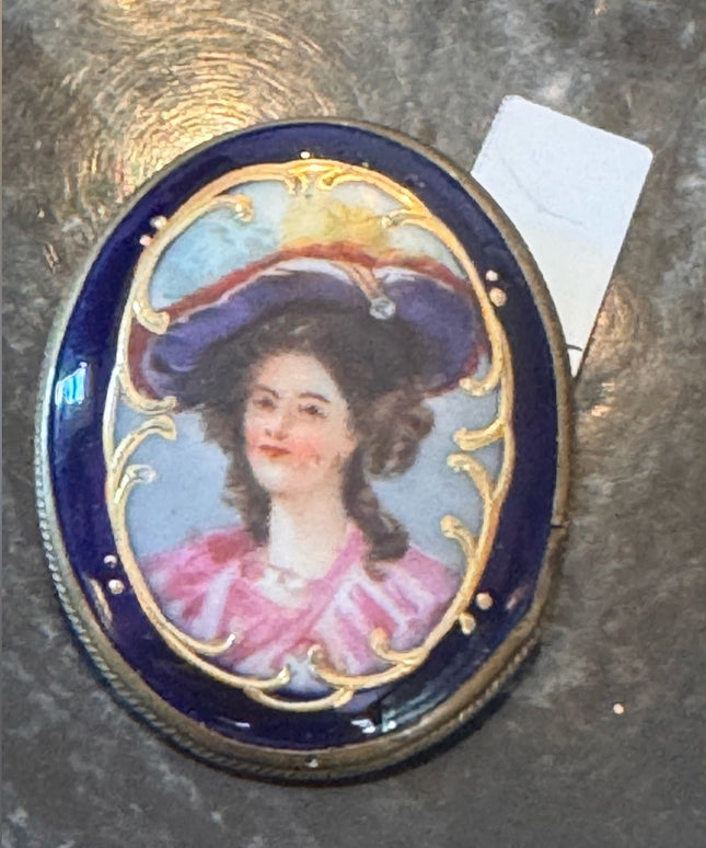 Antique 2" Hand painted Porcelain Female Portrait Cameo Style Brooch, Oval