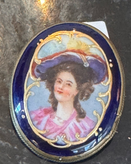 Antique 2" Hand painted Porcelain Female Portrait Cameo Style Brooch, Oval