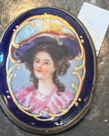 Antique 2" Hand painted Porcelain Female Portrait Cameo Style Brooch, Oval