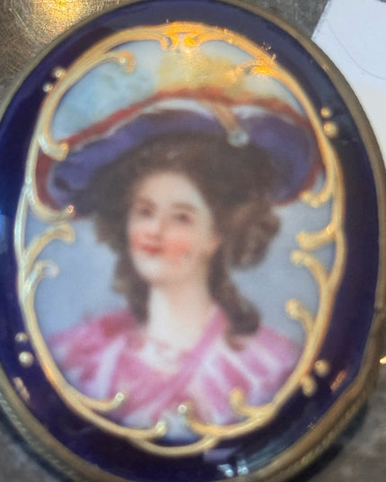 Antique 2" Hand painted Porcelain Female Portrait Cameo Style Brooch, Oval