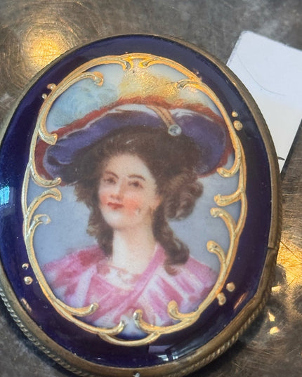 Antique 2" Hand painted Porcelain Female Portrait Cameo Style Brooch, Oval