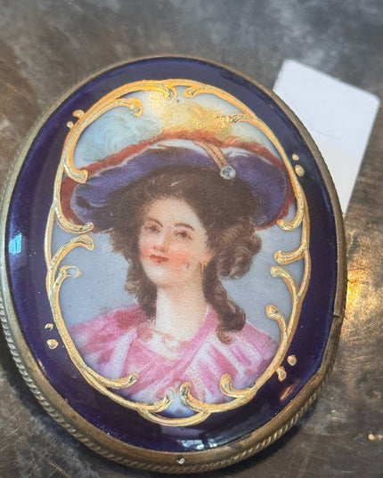 Antique 2" Hand painted Porcelain Female Portrait Cameo Style Brooch, Oval