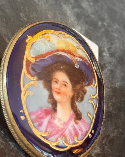 Antique 2" Hand painted Porcelain Female Portrait Cameo Style Brooch, Oval
