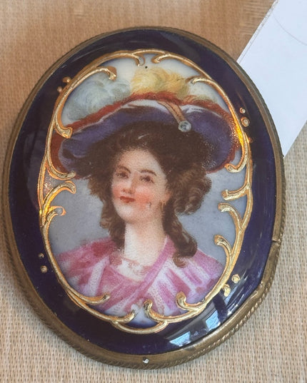 Antique 2" Hand painted Porcelain Female Portrait Cameo Style Brooch, Oval