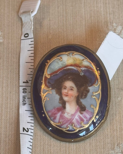 Antique 2" Hand painted Porcelain Female Portrait Cameo Style Brooch, Oval