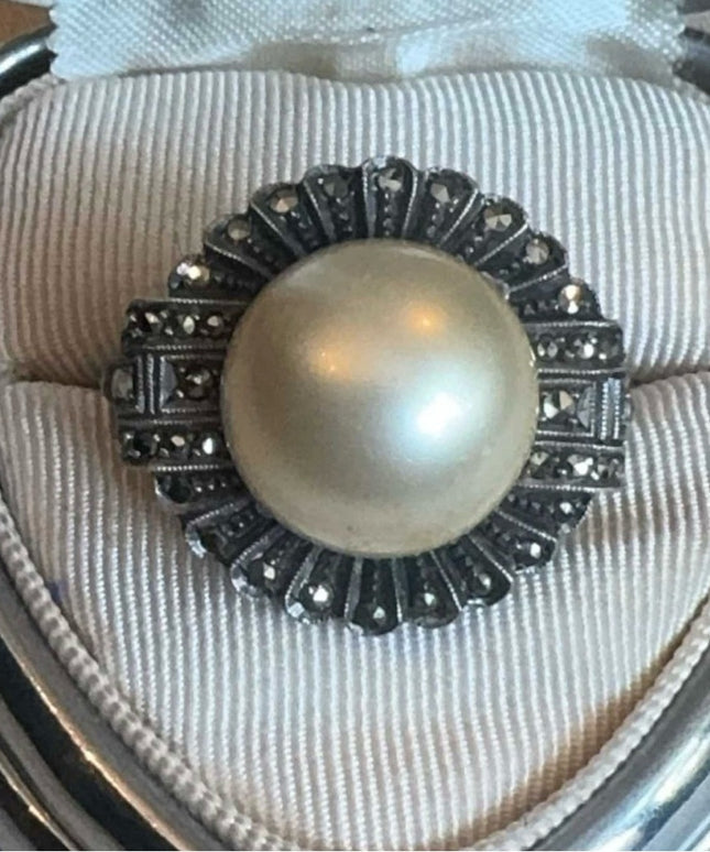 Sterling Silver 925 Vintage Pearl Ring with Marcasite Accents