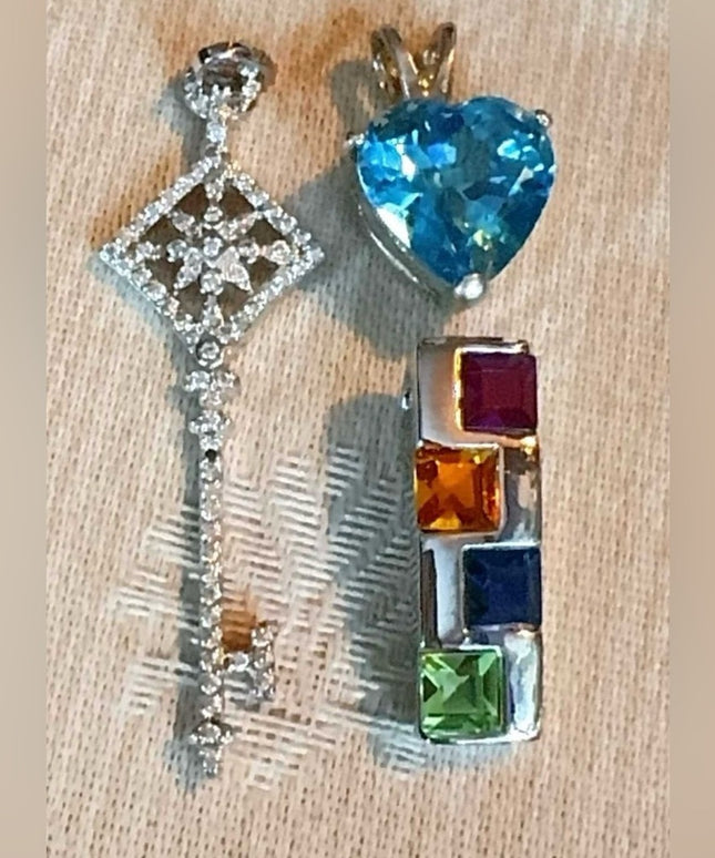 Sterling Silver LOT 925 Pendant Lot of 3 with Blue Topaz, CZ, Glass