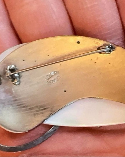 Vintage 2.5" Large Western Germany Mother-of-Pearl Leaf Brooch, Silver Tone