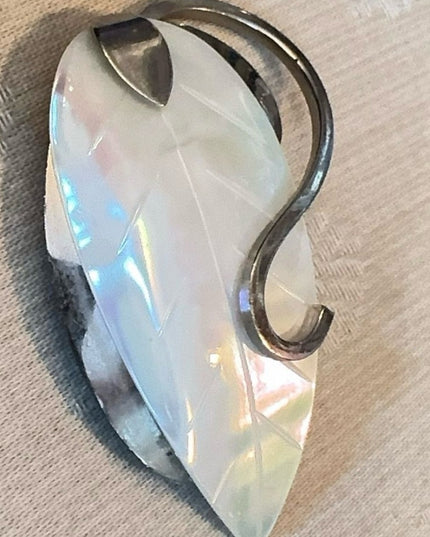 Vintage 2.5" Large Western Germany Mother-of-Pearl Leaf Brooch, Silver Tone