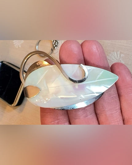 Vintage 2.5" Large Western Germany Mother-of-Pearl Leaf Brooch, Silver Tone
